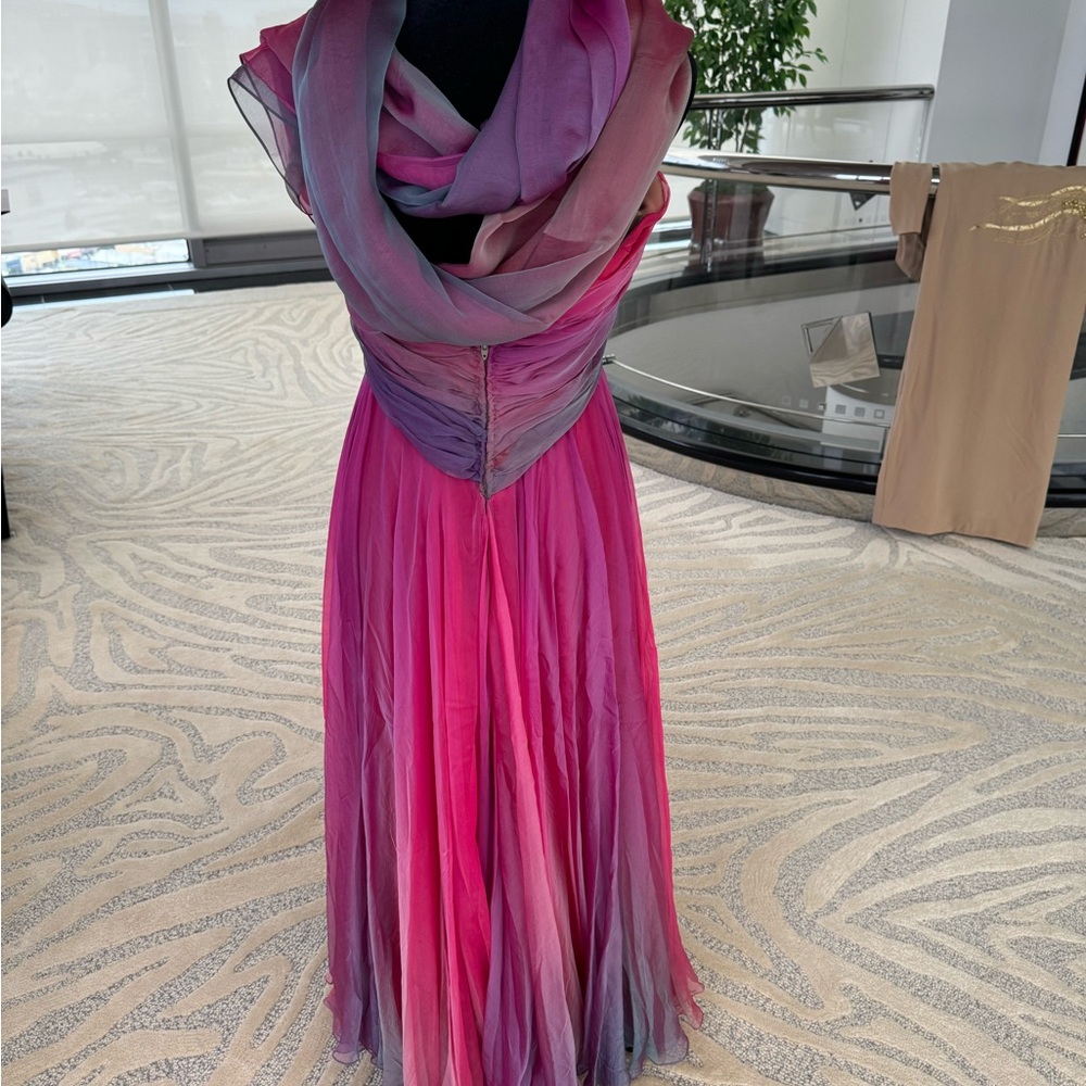 💕 Soo Yung Lee Vintage Silk Pink Ombré Spaghetti strap Ruched Gown with scarf - Picture 3 of 6
